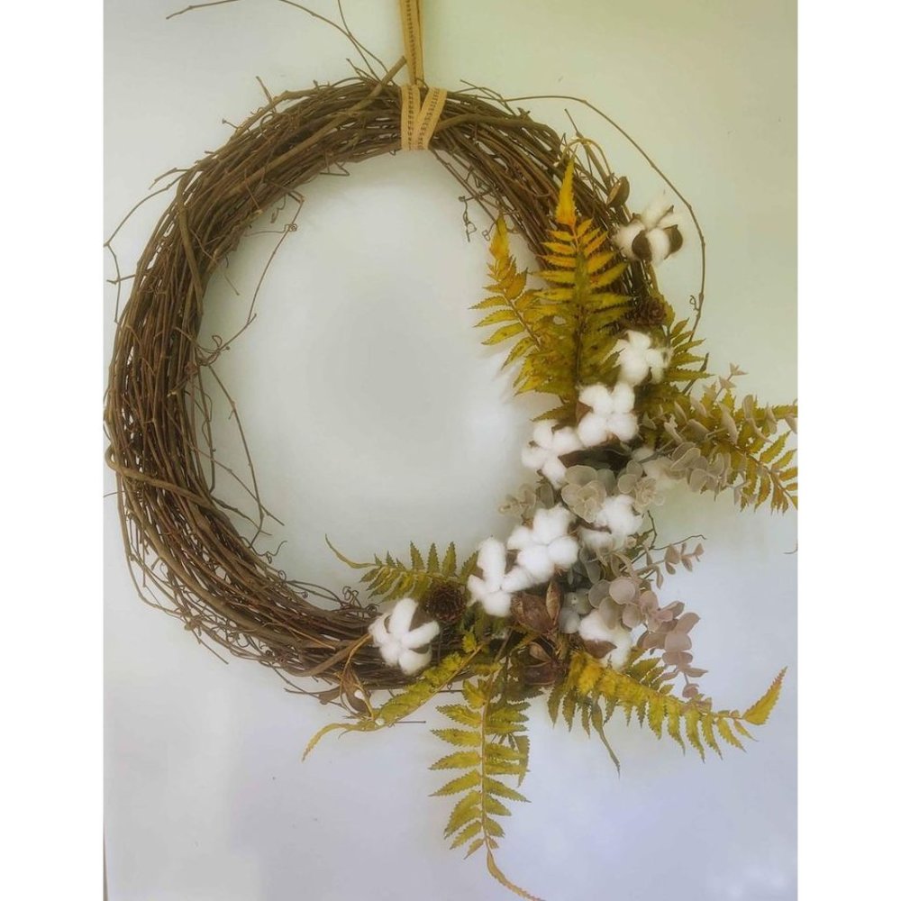 Grapevine Wreath Cotton Ferns Eucalyptus 18"